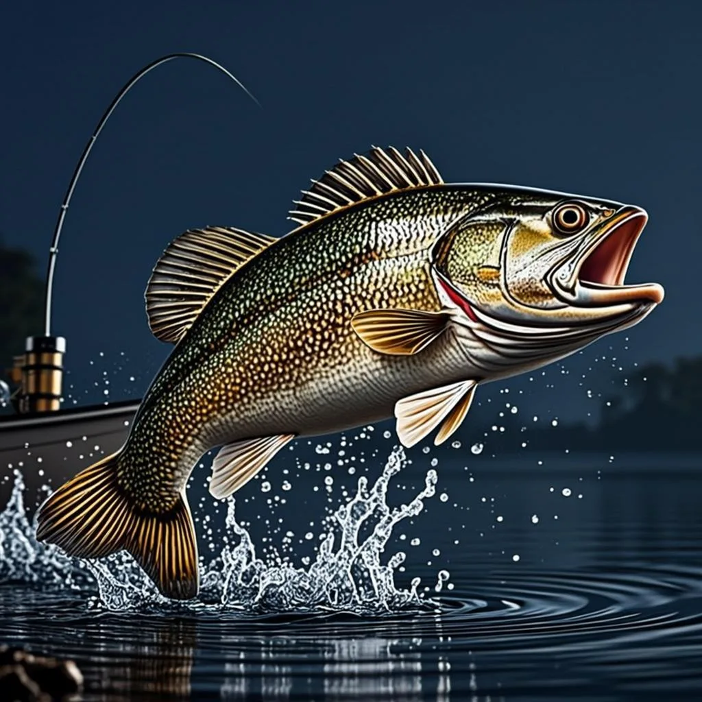 Ilustrasi orisinal AGAM69 bertema ikan bass melompat dan pancing untuk game Big Bass Bonanza