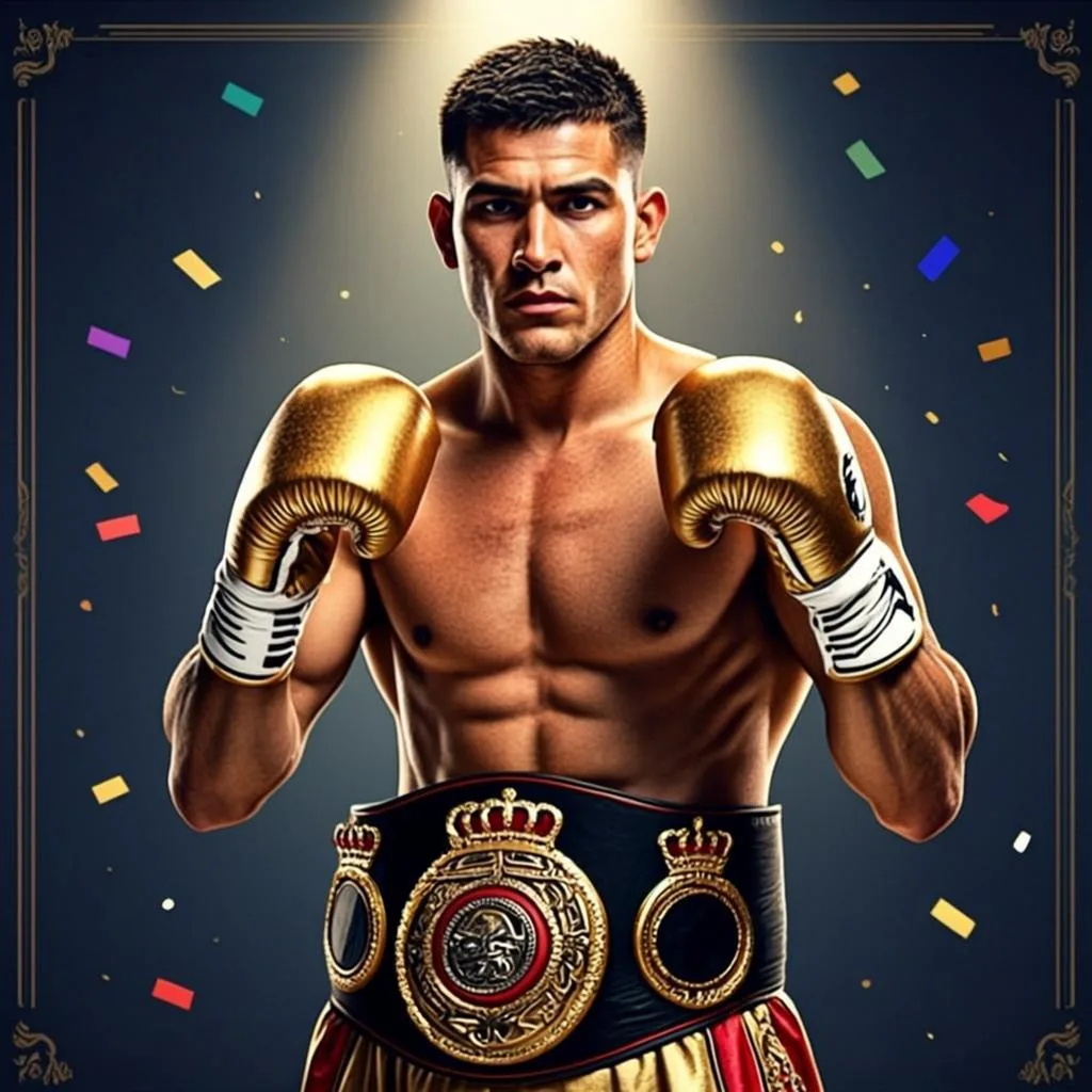 Ilustrasi orisinal AGAM69 bertema petinju juara dengan sarung tangan emas untuk game Boxing King