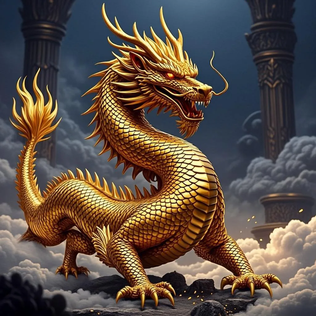 Ilustrasi orisinal AGAM69 bertema naga emas di pilar kuil untuk game Dragon Legend