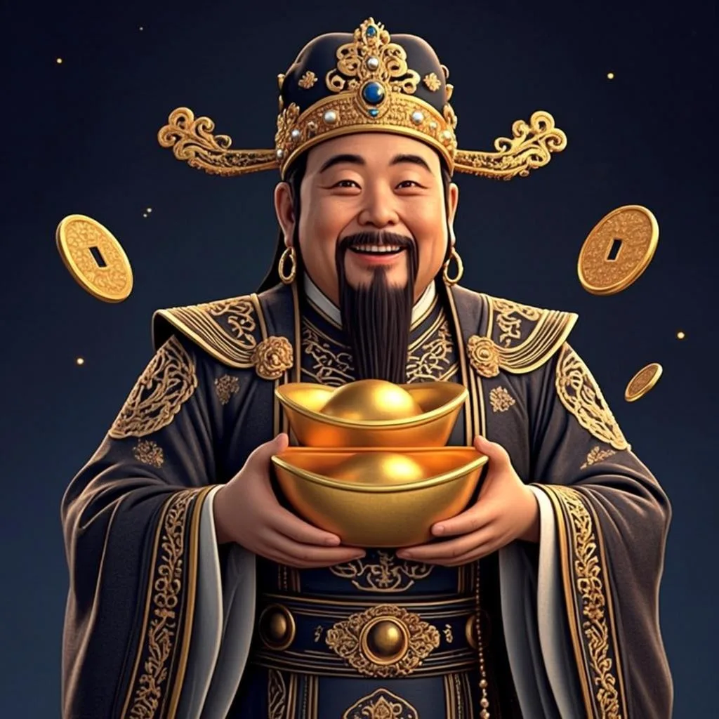Ilustrasi orisinal AGAM69 bertema dewa keberuntungan dengan ingot emas untuk game Fa Cai Shen