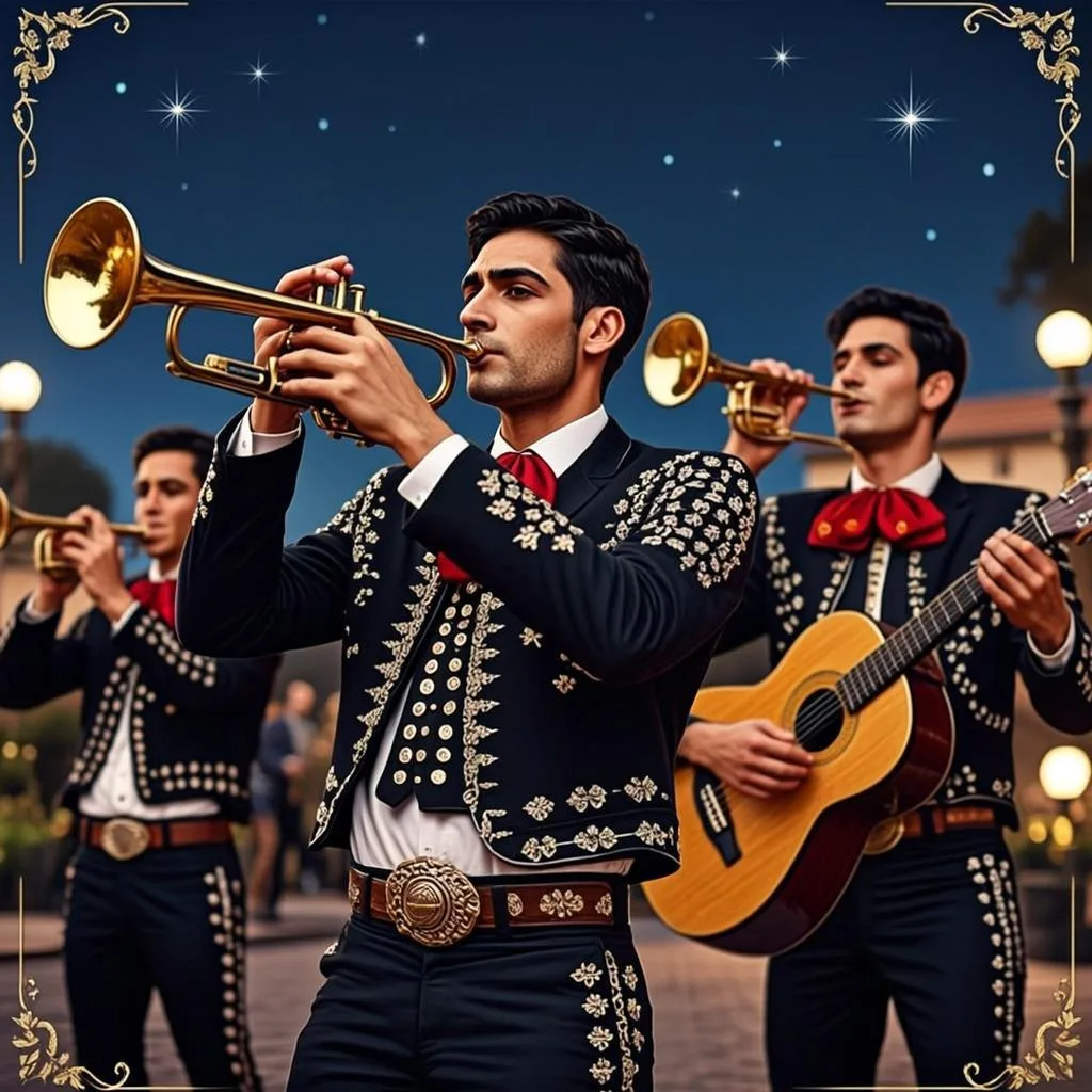 Ilustrasi orisinal AGAM69 bertema grup mariachi di alun-alun Meksiko untuk game 5 Mariachis