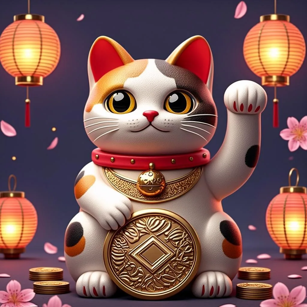 Ilustrasi orisinal AGAM69 bertema maneki-neko dan sakura untuk game Fortune Neko