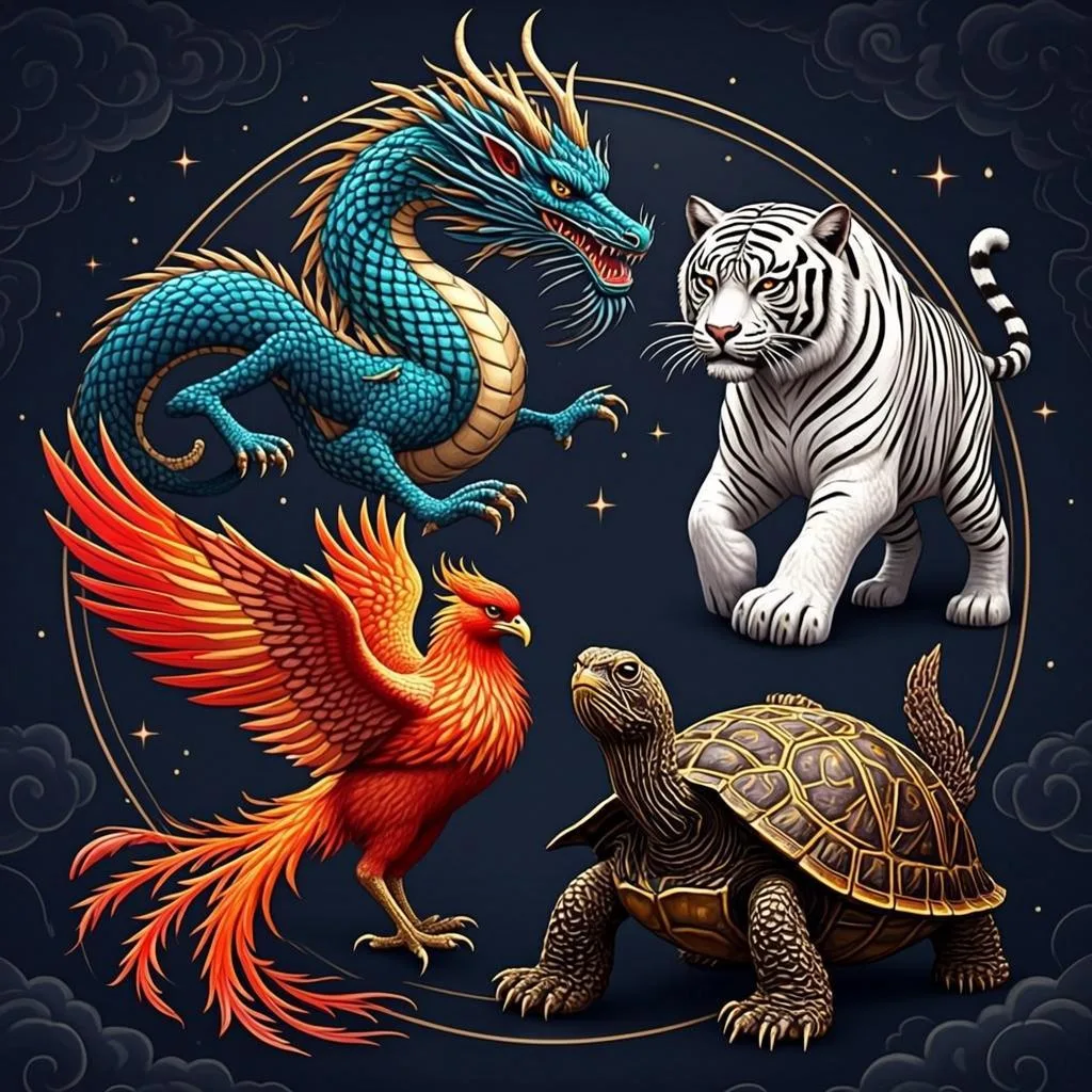 Ilustrasi orisinal AGAM69 bertema empat makhluk legendaris untuk game Four Divine Beasts