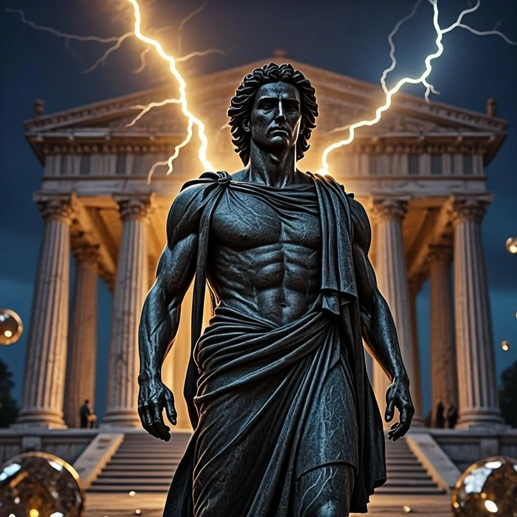 Ilustrasi orisinal AGAM69 bertema kuil Yunani dan petir emas untuk game Gates of Olympus
