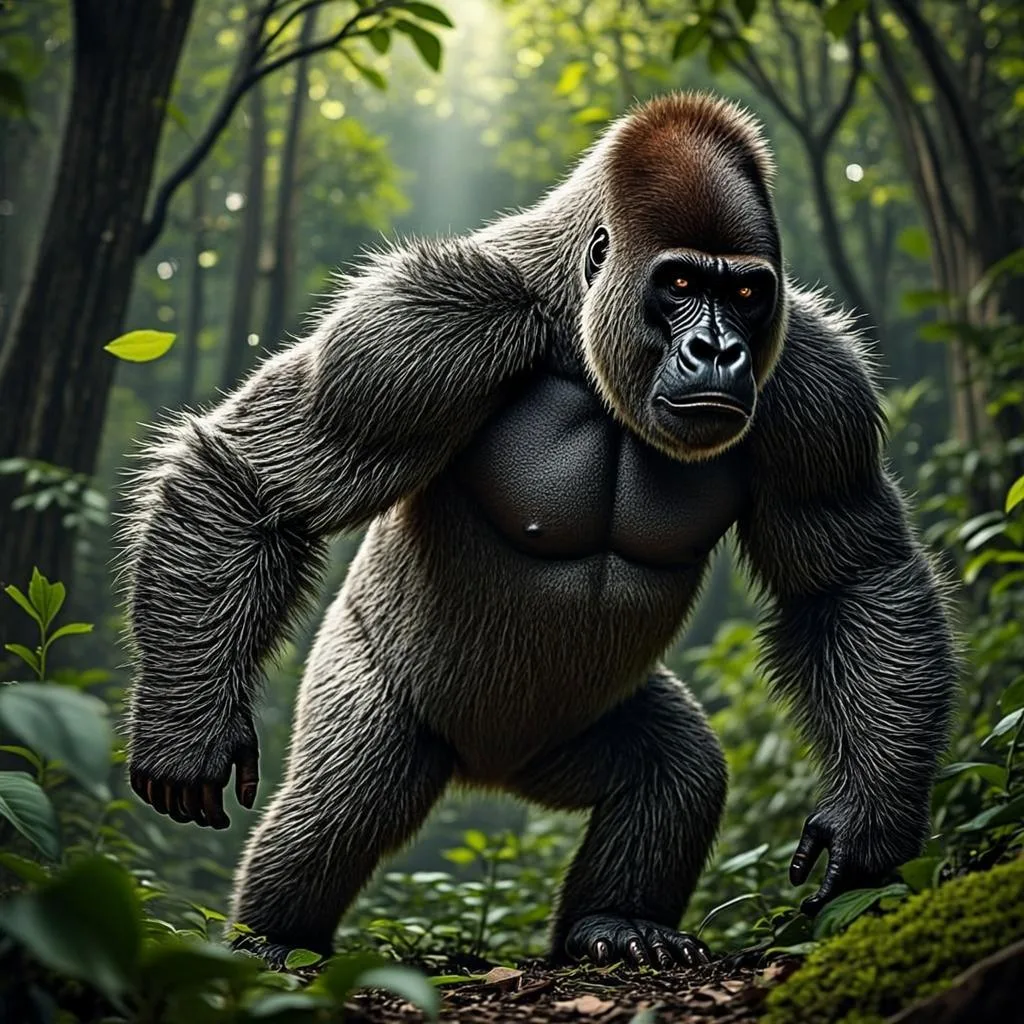 Ilustrasi orisinal AGAM69 bertema gorila di hutan lebat untuk game Gorilla Chase