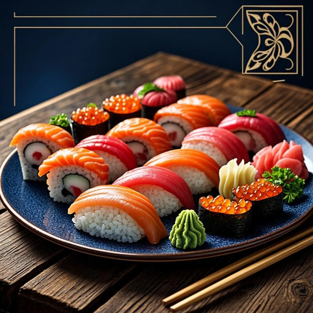 Ilustrasi orisinal AGAM69 bertema platter sushi di meja kayu untuk game Hey Sushi