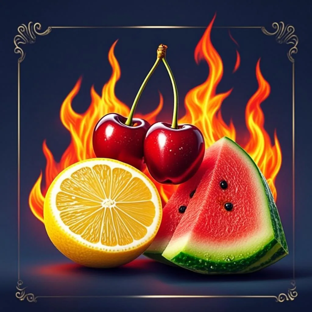 Ilustrasi orisinal AGAM69 bertema buah segar dengan api untuk game Hot Hot Fruit