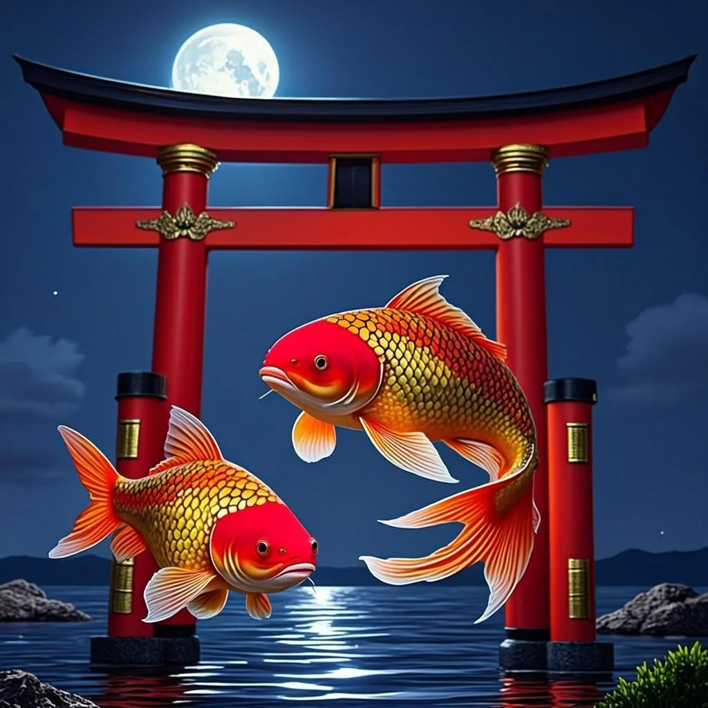Ilustrasi orisinal AGAM69 bertema ikan koi di kolam dan gerbang torii untuk game Koi Gate