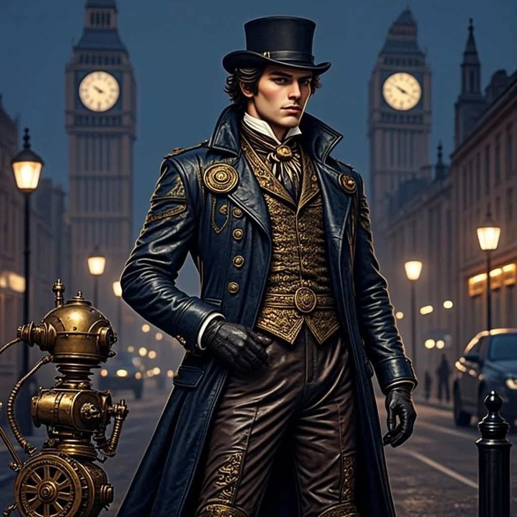Ilustrasi orisinal AGAM69 bertema pemburu steampunk di London berkabut untuk game London Hunter