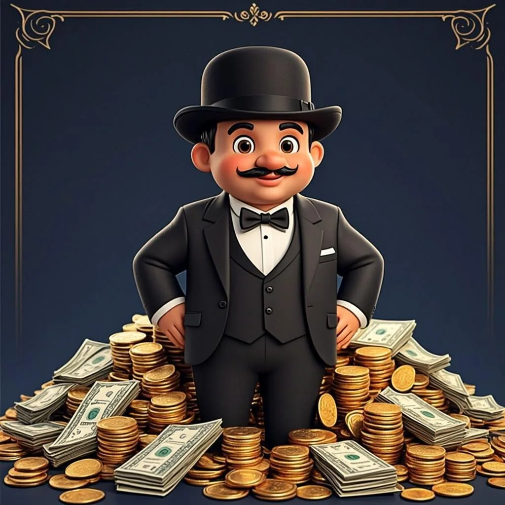 Ilustrasi orisinal AGAM69 bertema taipan dengan gunungan koin untuk game Moneybags Man 2
