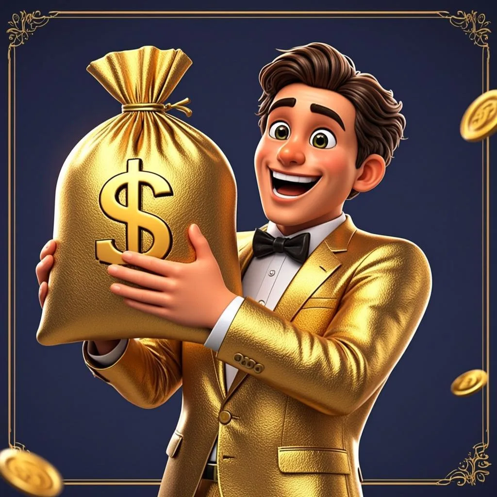 Ilustrasi orisinal AGAM69 bertema karakter tas uang dan koin emas untuk game Moneybags Man