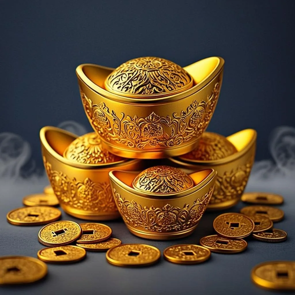 Ilustrasi orisinal AGAM69 bertema ingot emas dan kabut mistis untuk game Mystic Fortune Deluxe