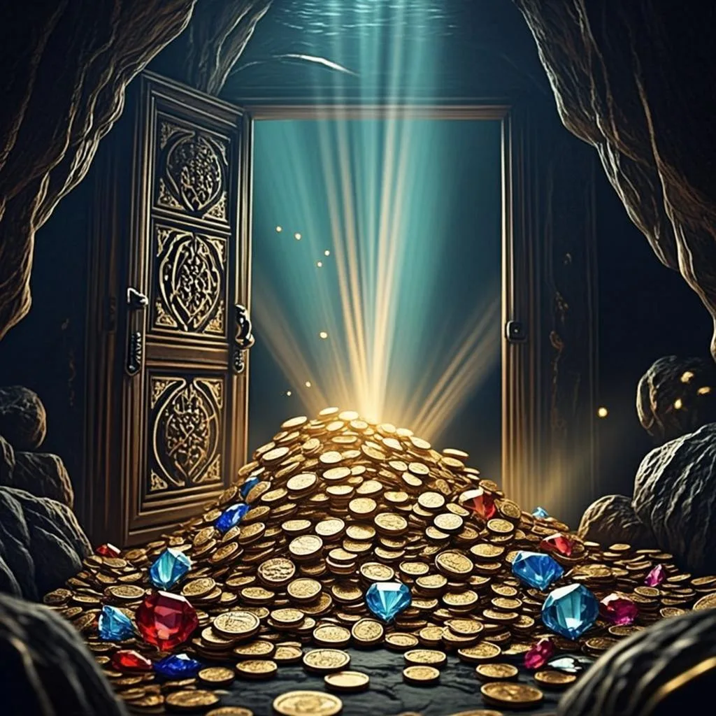 Ilustrasi orisinal AGAM69 bertema pintu gua harta karun untuk game Open Sesame
