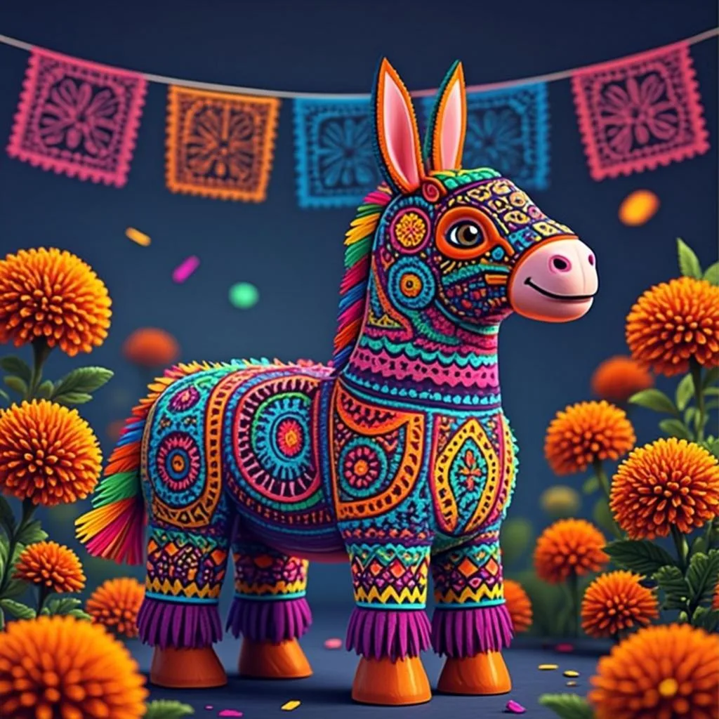 Ilustrasi orisinal AGAM69 bertema piñata dan konfeti pesta Meksiko untuk game Piñata Fiesta