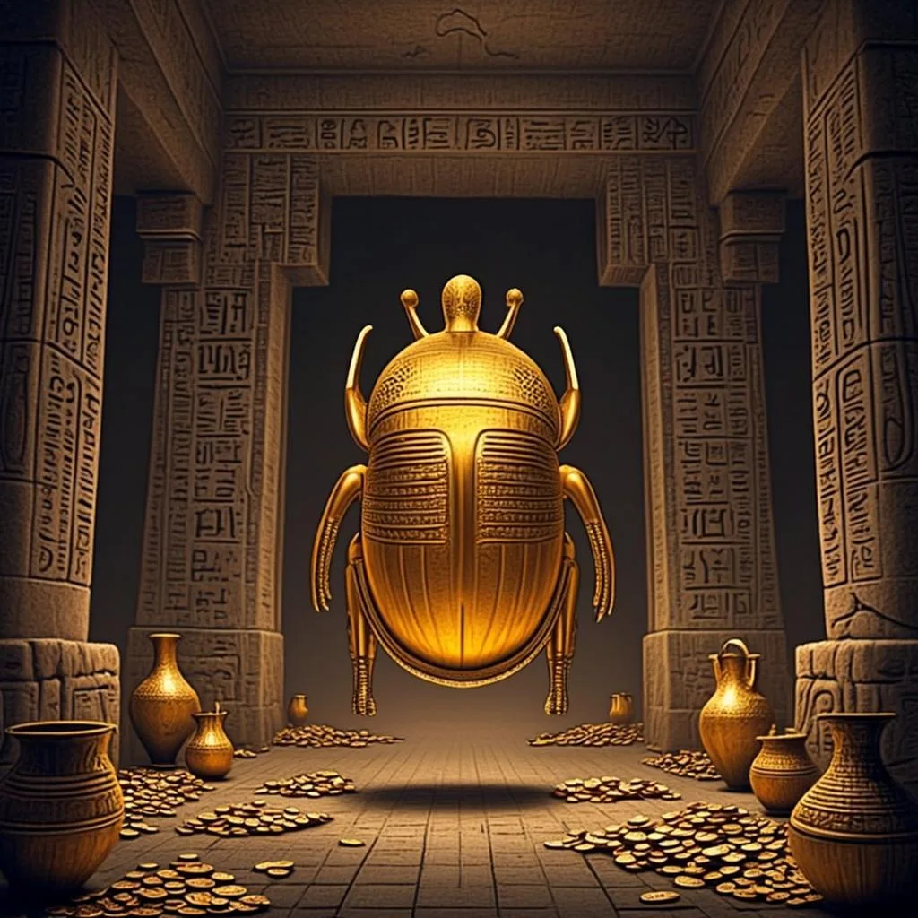 Ilustrasi orisinal AGAM69 bertema makam Mesir dan scarab emas untuk game John Hunter and the Tomb of the Scarab Queen