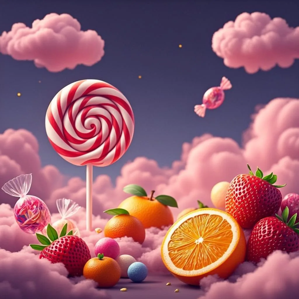 Ilustrasi orisinal AGAM69 bertema negeri permen dan buah untuk game Sweet Bonanza