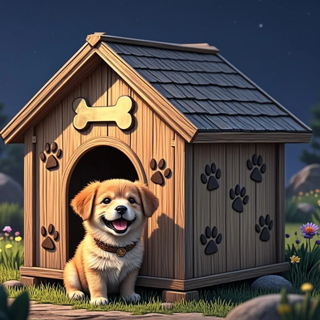 Ilustrasi orisinal AGAM69 bertema rumah anjing kayu dan anakanak lucu untuk game The Dog House Megaways