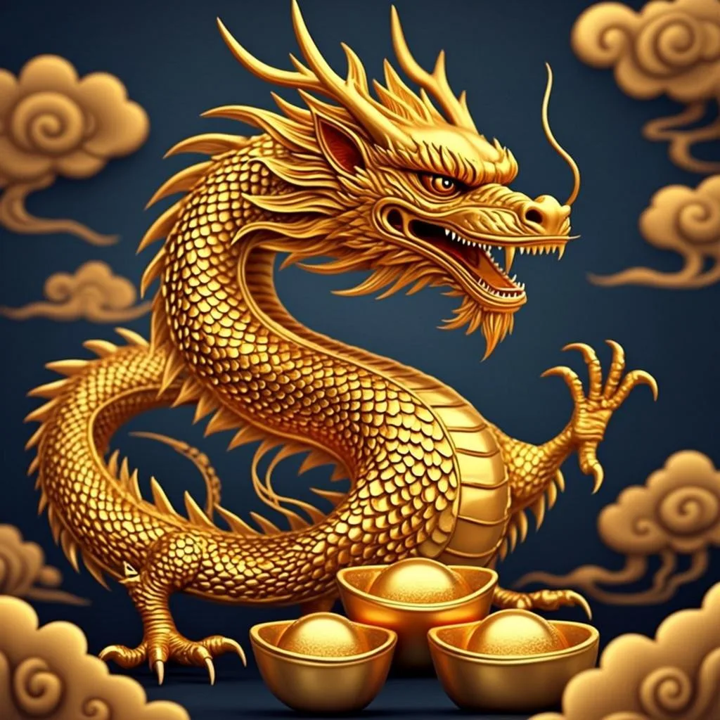 Ilustrasi orisinal AGAM69 bertema naga emas Asia dengan koin keberuntungan untuk kategori provider JDB
